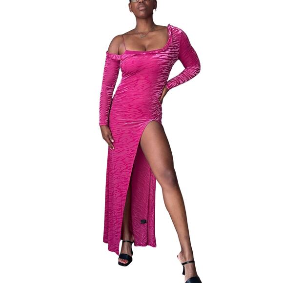 WFFS Fuschia Devore One Shoulder Slit Zebra Print Maxi Dress Size Small - Picture 1 of 13